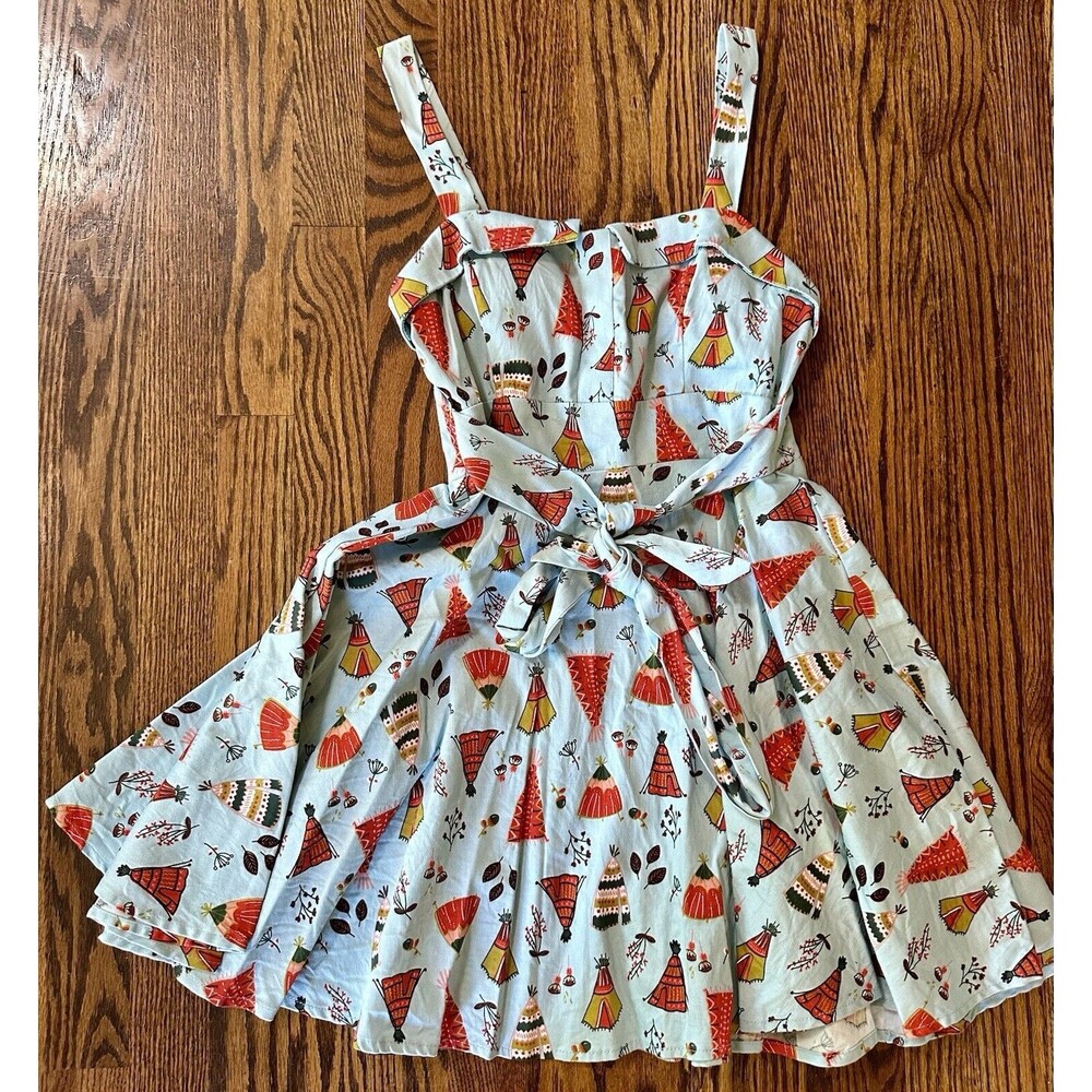 Ixia Fit & Flare Teepee Blue Tie Strappy Cotton Blend Mini Dress Size Medium EUC